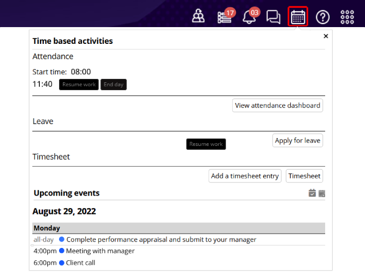 Mark Daily Attendance, Apply for Leave, Fill Timesheet, Setup and View Events & Tasks