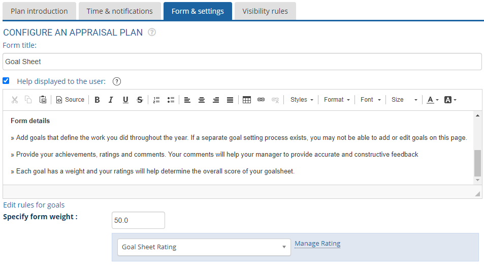 configure goalsheet form