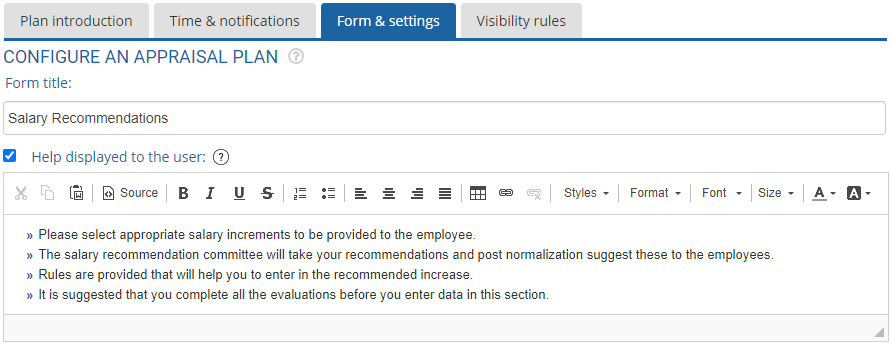 configure salary recommendations form