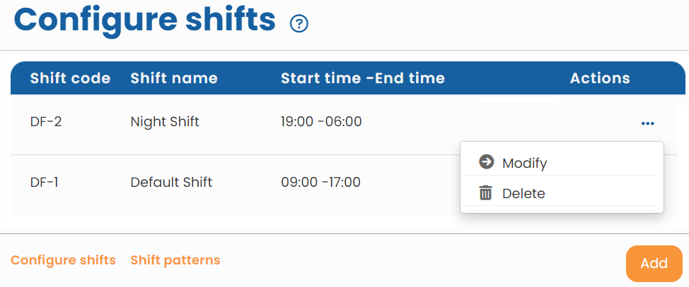 Setup Shifts (Configure Shifts)