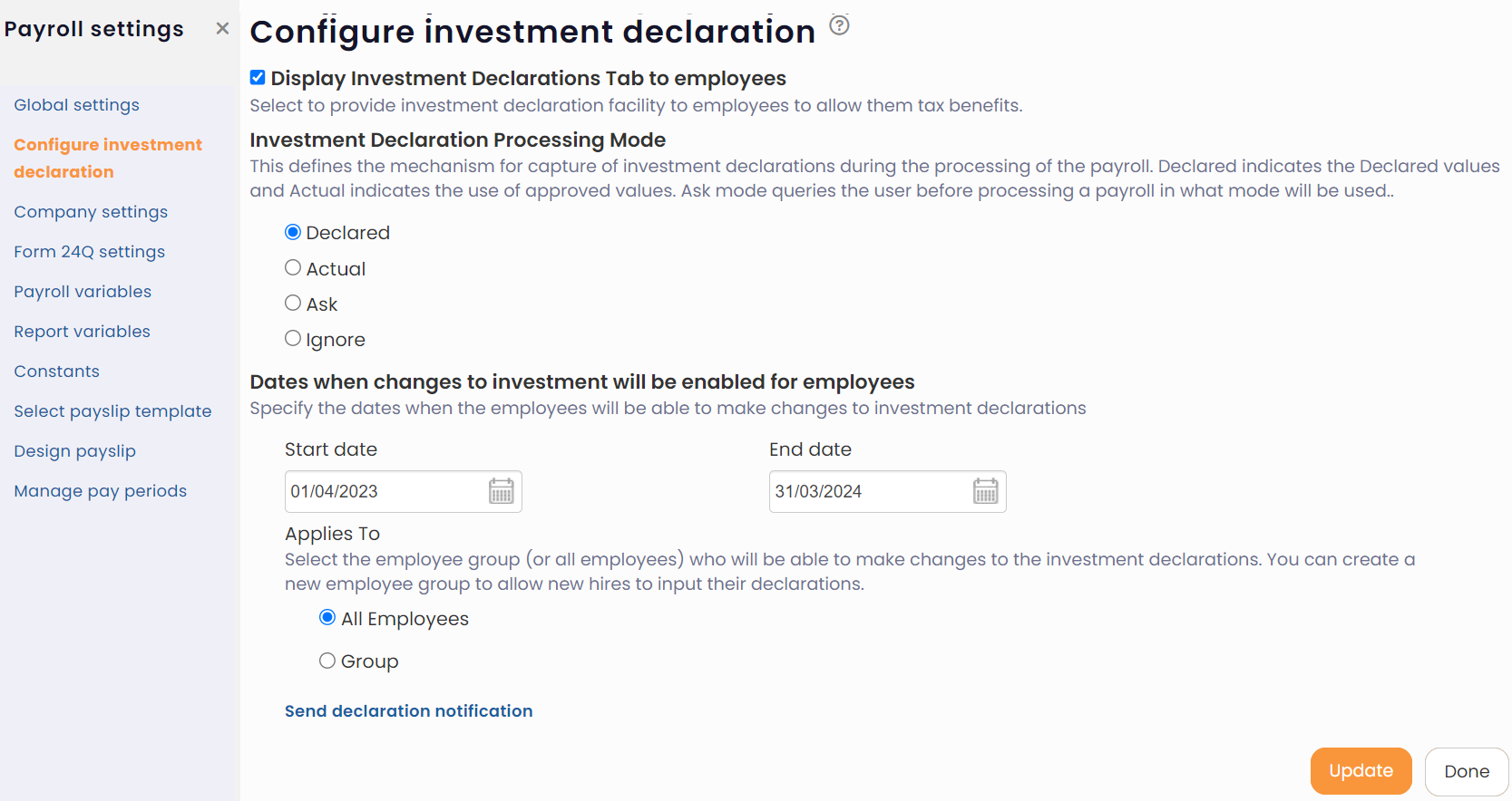 Setup Investment Declaration